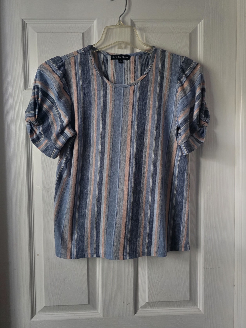 Kim & Cami Women’s Medium Striped Short Sleeve Cotton Blend Top